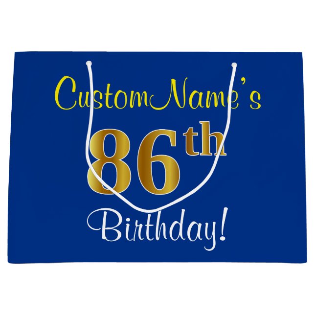 Elegant, Blue, Faux Gold 86th Birthday + Name Large Gift Bag (Front)