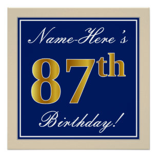 Elegant, Blue, Faux Gold 87th Birthday + Name Poster