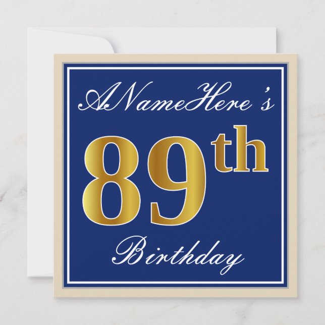 Elegant, Blue, Faux Gold 89th Birthday + Name Invitation (Front)