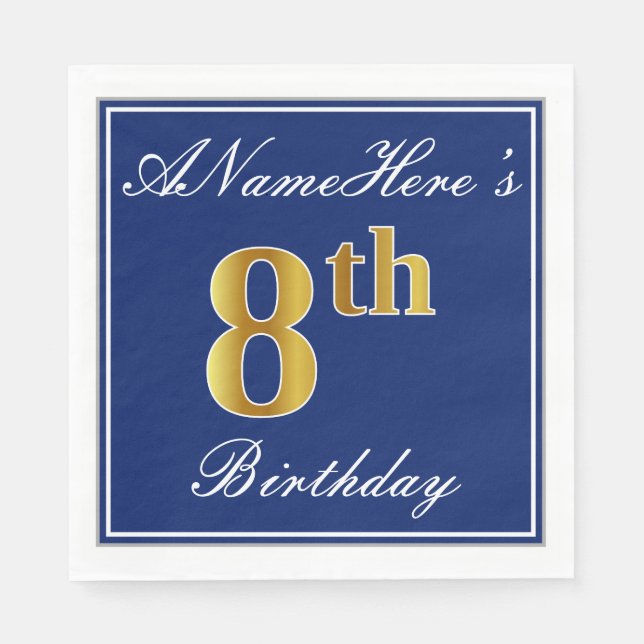 Elegant Blue, Faux Gold 8th Birthday + Custom Name Napkin (Front)