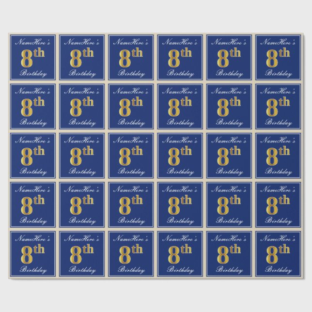 Elegant, Blue, Faux Gold 8th Birthday; Custom Name Wrapping Paper (Flat)