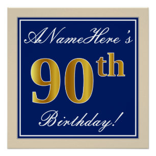 Elegant, Blue, Faux Gold 90th Birthday + Name Poster