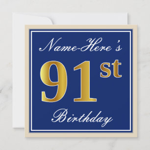 Elegant, Blue, Faux Gold 91st Birthday + Name Invitation