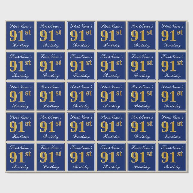 Elegant, Blue, Faux Gold 91st Birthday + Name Wrapping Paper (Flat)