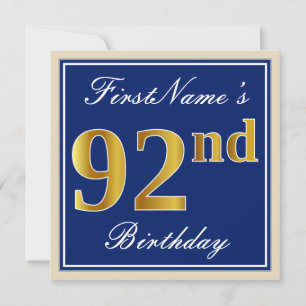 Elegant, Blue, Faux Gold 92nd Birthday + Name Invitation