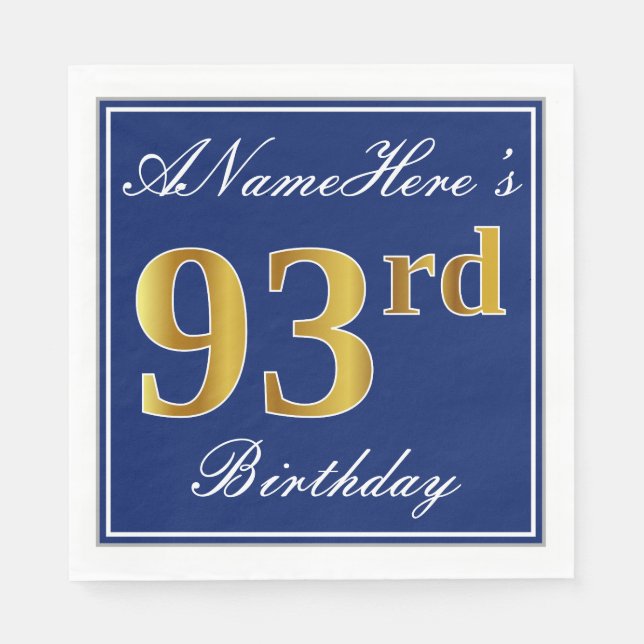 Elegant Blue, Faux Gold 93rd Birthday; Custom Name Napkin (Front)