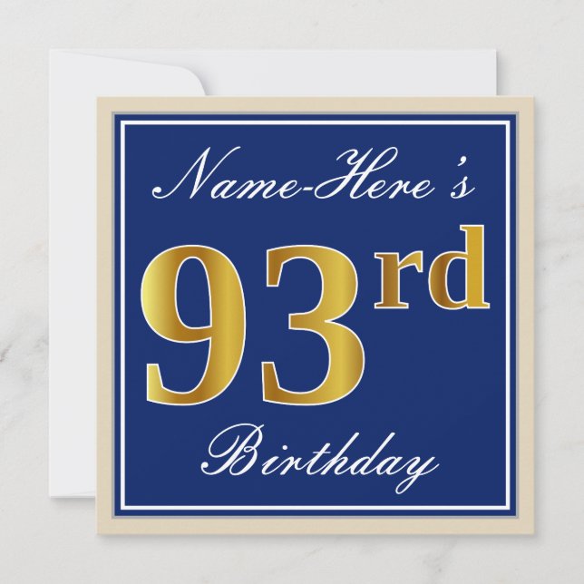 Elegant, Blue, Faux Gold 93rd Birthday + Name Invitation (Front)