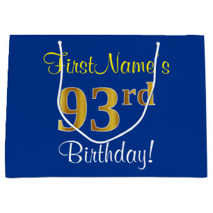 Elegant, Blue, Faux Gold 93rd Birthday + Name Large Gift Bag
