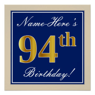 Elegant, Blue, Faux Gold 94th Birthday + Name Poster