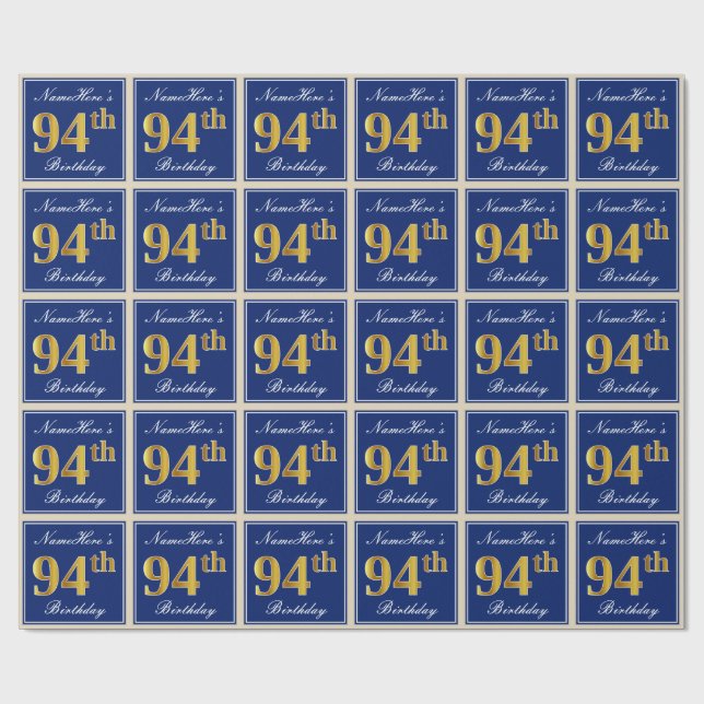Elegant, Blue, Faux Gold 94th Birthday + Name Wrapping Paper (Flat)