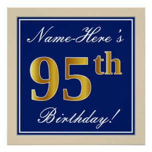 Elegant, Blue, Faux Gold 95th Birthday + Name Poster