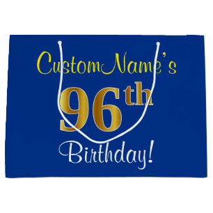 Elegant, Blue, Faux Gold 96th Birthday + Name Large Gift Bag