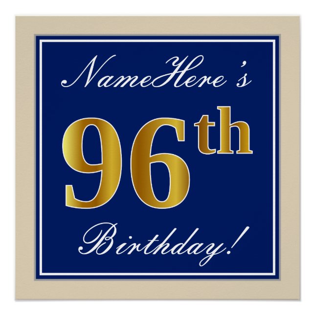 Elegant, Blue, Faux Gold 96th Birthday + Name Poster (Front)