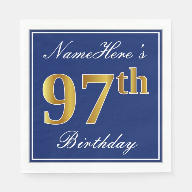 Elegant Blue, Faux Gold 97th Birthday; Custom Name Napkin (Front)