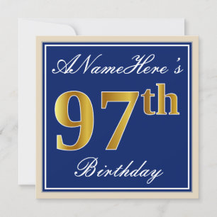 Elegant, Blue, Faux Gold 97th Birthday + Name Invitation