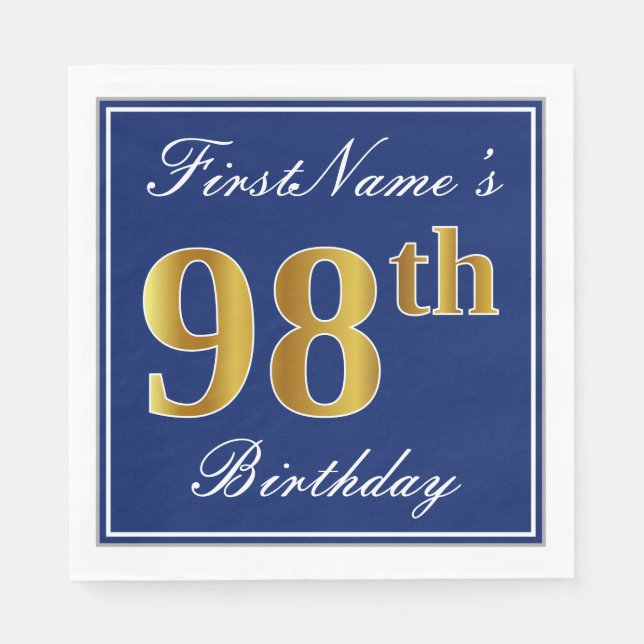 Elegant Blue, Faux Gold 98th Birthday; Custom Name Napkin (Front)