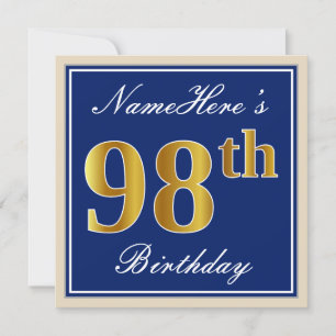 Elegant, Blue, Faux Gold 98th Birthday + Name Invitation
