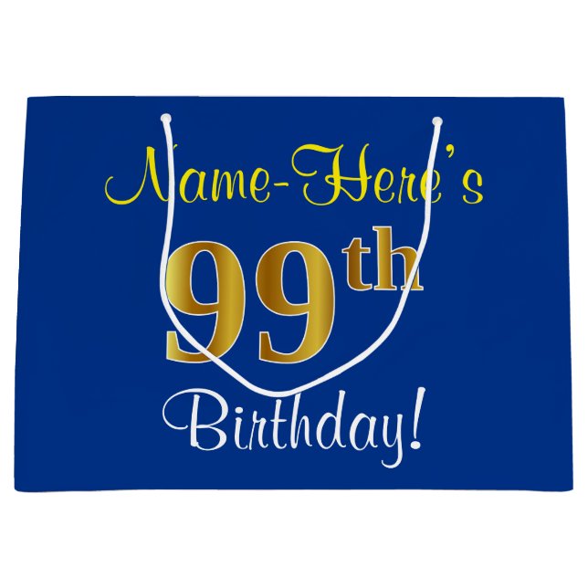 Elegant, Blue, Faux Gold 99th Birthday + Name Large Gift Bag (Front)