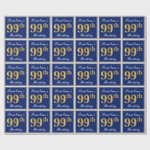 Elegant, Blue, Faux Gold 99th Birthday + Name Wrapping Paper