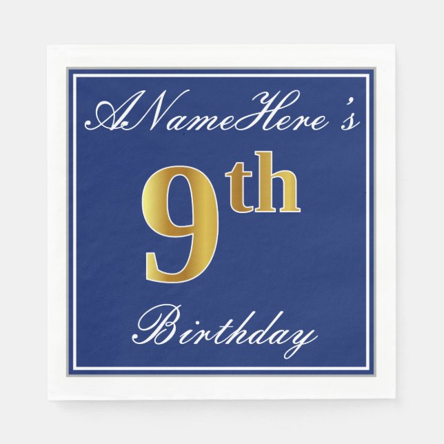 Elegant Blue, Faux Gold 9th Birthday + Custom Name Napkin (Front)