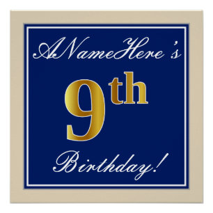 Elegant, Blue, Faux Gold 9th Birthday; Custom Name Poster