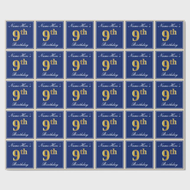 Elegant, Blue, Faux Gold 9th Birthday; Custom Name Wrapping Paper (Flat)