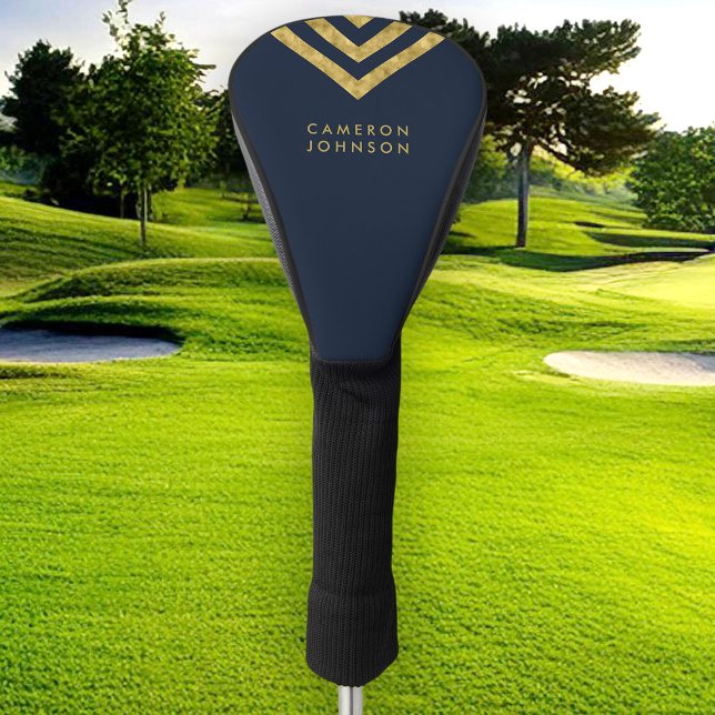 Elegant Blue Faux Gold Name Chevron Geometric Golf Head Cover (Creator Uploaded)
