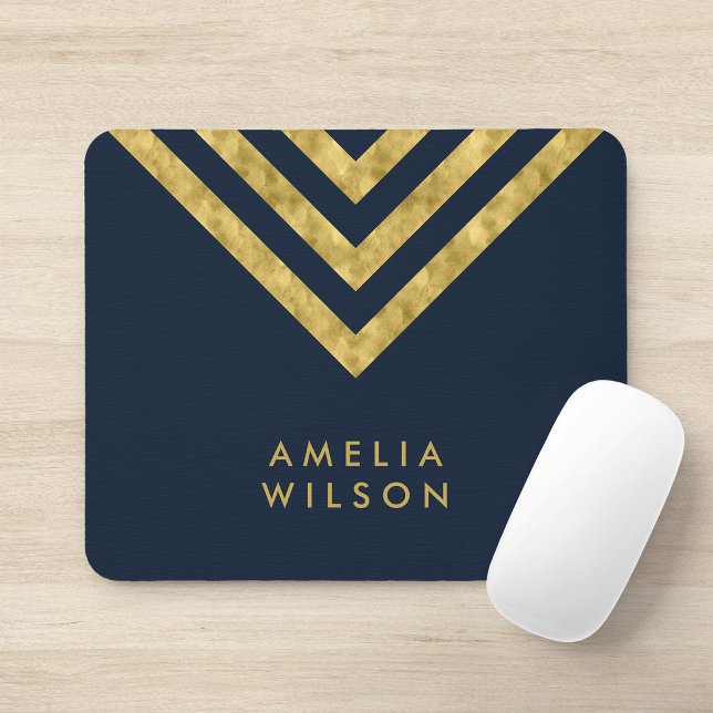 Elegant Blue Faux Gold Name Chevron Geometric Mouse Pad (Creator Uploaded)
