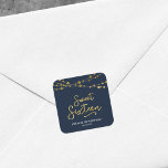 Elegant Blue Faux Gold Strings of Lights Sweet 16 Square Sticker<br><div class="desc">This elegant sweet 16 square sticker feature strings of lights and the word "Sweet Sixteen" in faux gold against a dark blue background. Check out other matching items here https://www.zazzle.com/collections/strings_of_lights_faux_gold_celebration_collection-119311942951401241?rf=238364477188679314 Personalise it with your details by replacing the placeholder text. For more options click the "Customise it" button. *Please note that...</div>