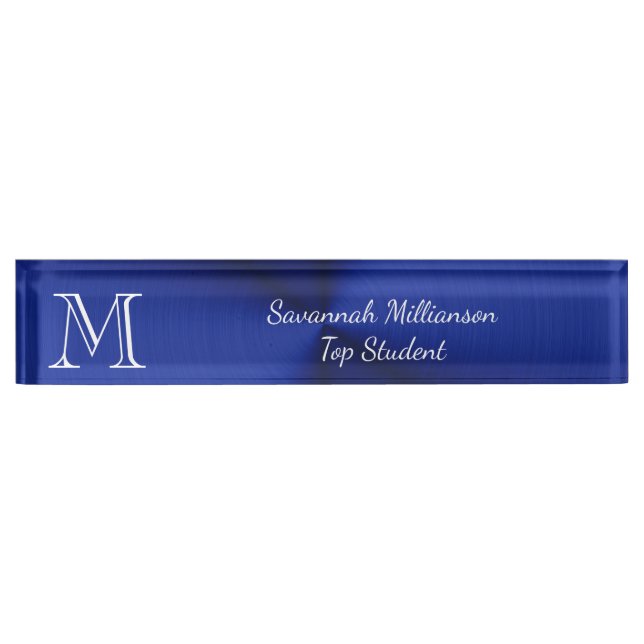 Elegant Blue Faux Metal Monogram Student Nameplate (Front)
