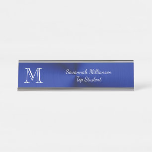 Elegant Blue Faux Metal Student Monogram Desk Name Plate