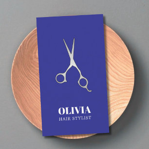 Elegant Blue Faux Silver Scissors Bold Hair Salon Business Card