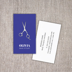Elegant Blue Faux Silver Scissors Bold Hair Salon Business Card