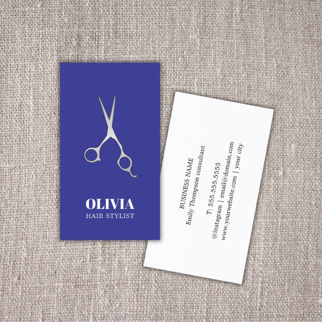 Elegant Blue Faux Silver Scissors Bold Hair Salon Business Card (Creator Uploaded)