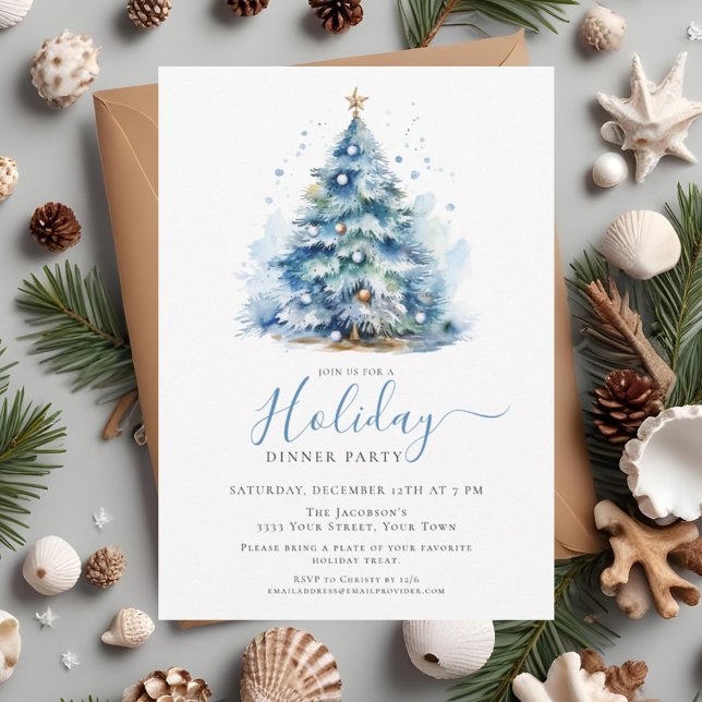 Elegant Blue Festive Holiday Dinner Party Invitation (Creator Uploaded)