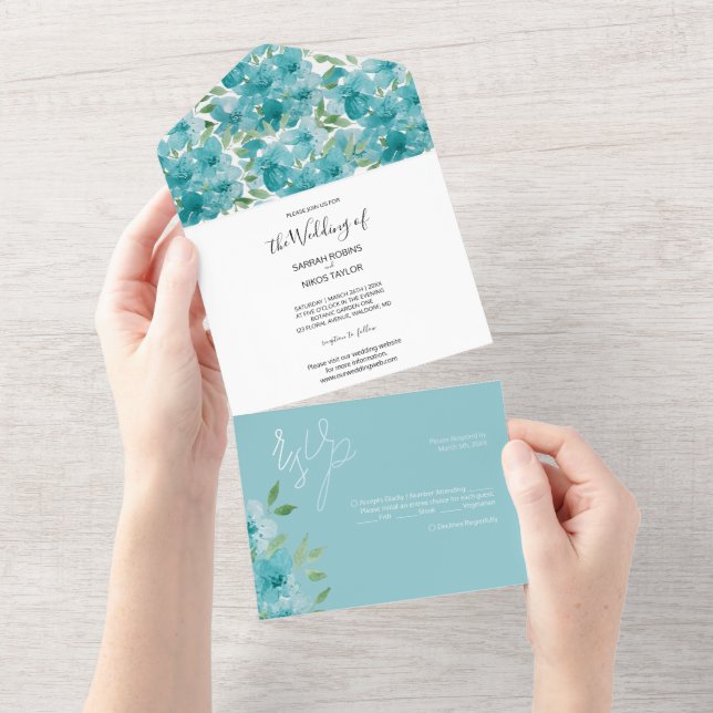 Elegant Blue Field Flowers Watercolor All In One Invitation (Tearaway)