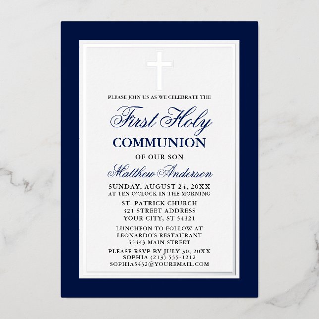 Elegant Blue First Holy Communion Cross Silver (Front)