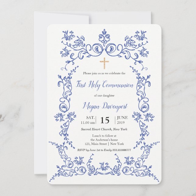 Elegant Blue First Holy Communion Invitation (Front)
