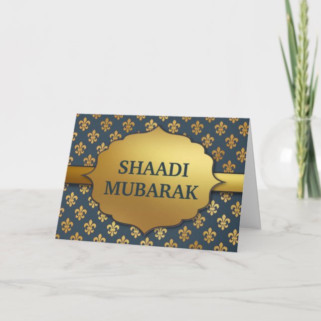 Elegant Blue Fleur-De-Lis Pattern Shaadi Mubarak Card (Front)