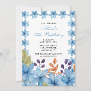 Elegant Blue Flora Watercolor Any Age Birthday Invitation
