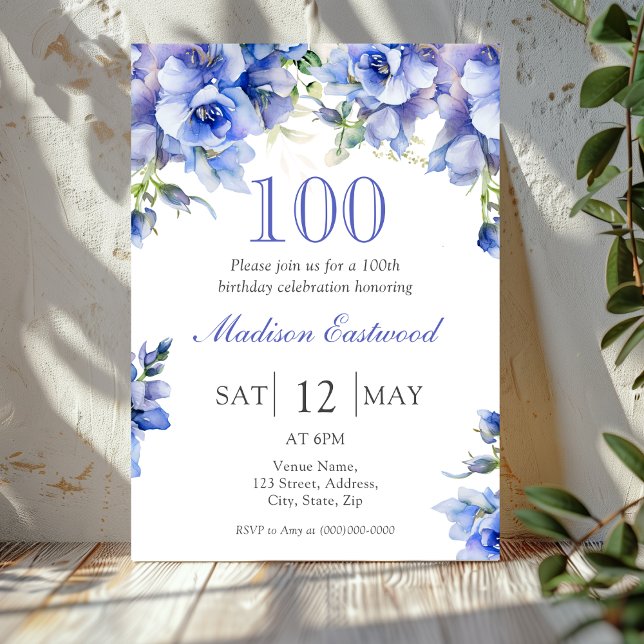 Elegant Blue Floral 100th Birthday Invitation (Creator Uploaded)