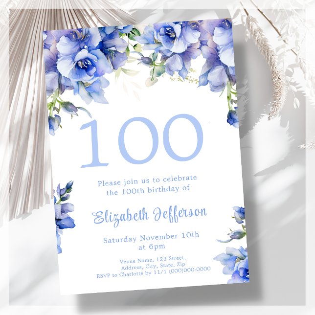 Elegant Blue Floral 100th Birthday Invitation (Creator Uploaded)