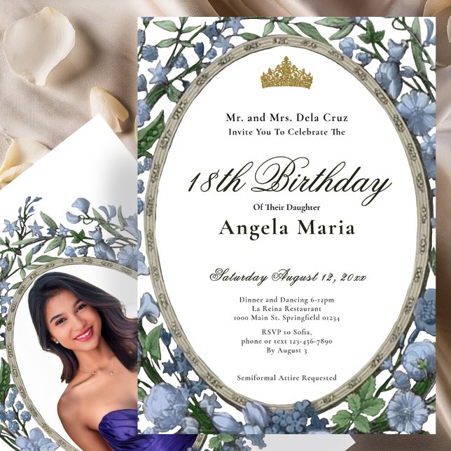 Elegant Blue Floral 18th Birthday Debut Invitation (Creator Uploaded)