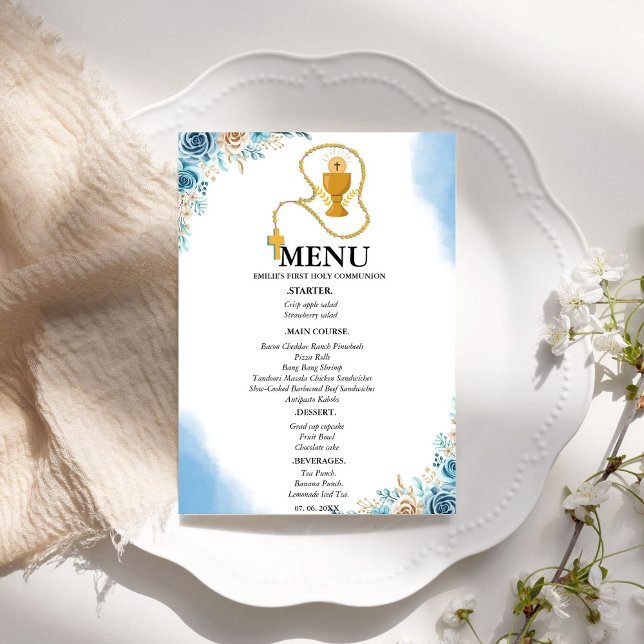 Elegant Blue Floral 1st Communion Party Menu Card (Creator Uploaded)