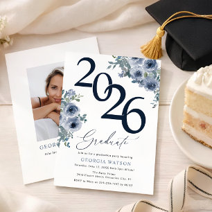 Elegant Blue Floral 2026 Photo Graduation Invitation