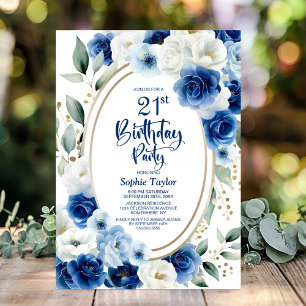Elegant Blue Floral 21st Birthday Party Invitation