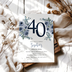 Elegant Blue Floral 40th Birthday Invitation