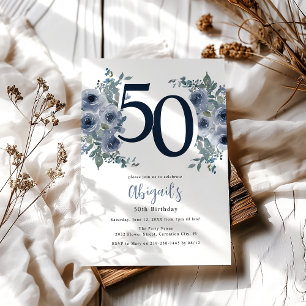 Elegant Blue Floral 50th Birthday Invitation