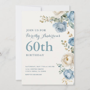 Elegant Blue Floral 60th BIrthday Party Invitation