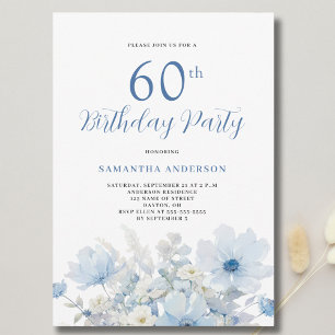 Elegant Blue Floral 60th Birthday Party  Invitation